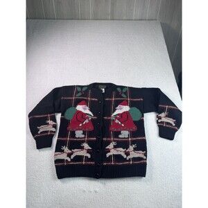 Vintage SOUTH WOOL Women's M Hand Knitted 100% Wool Christmas Santa Cardigan